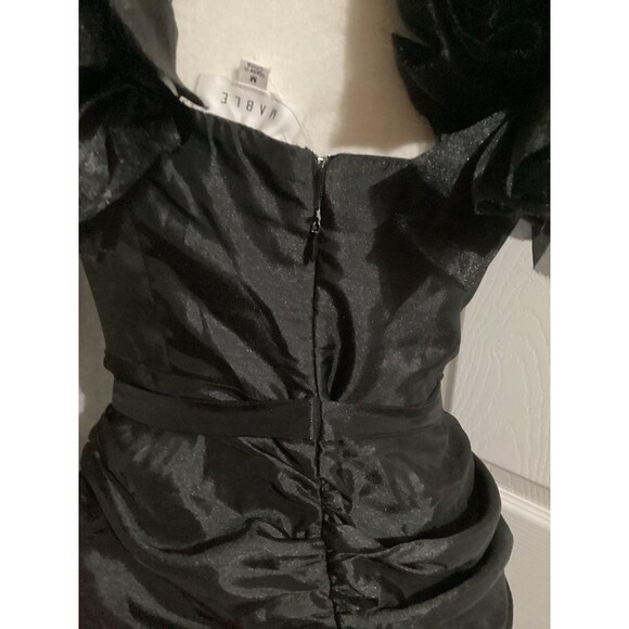 Mable Dress Womens Medium Black Ruched Mini Puff Sleeve Deep V Waist Tie MDB438 - Picture 5 of 7